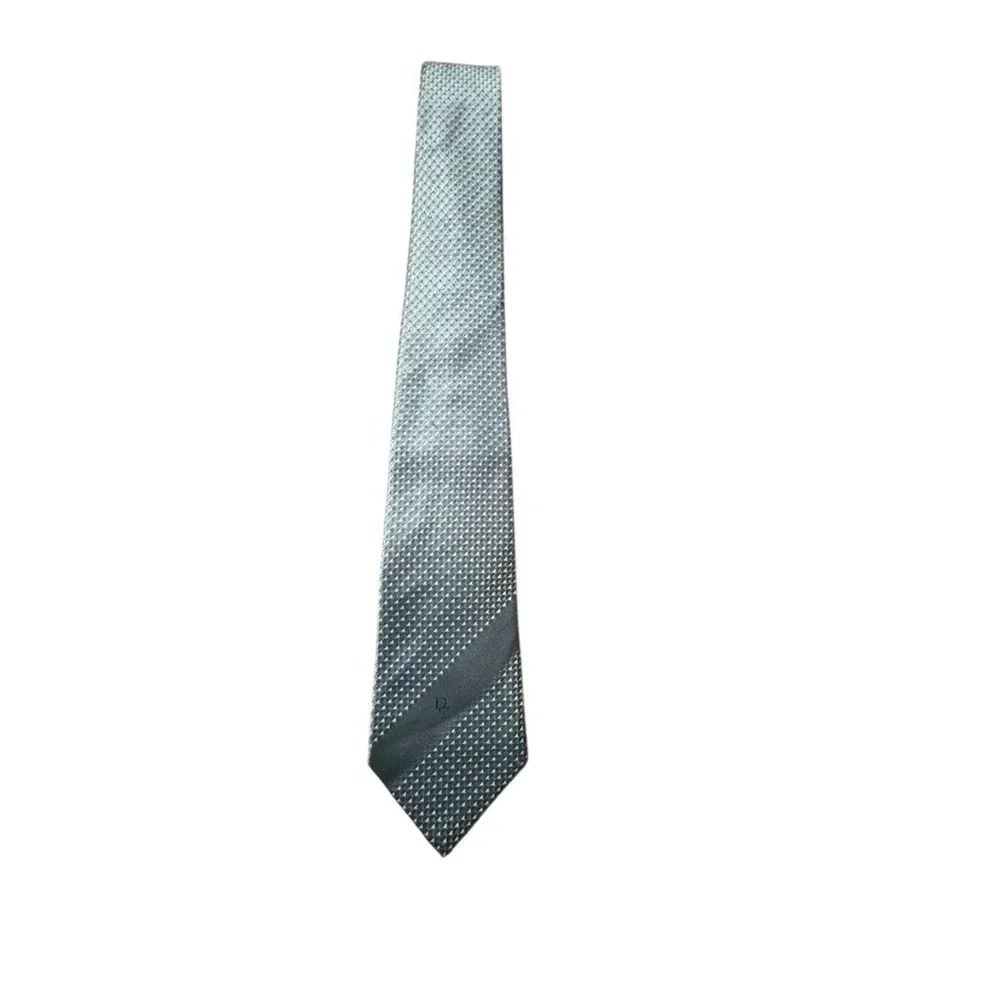 Christian Dior Monsieur Silver Grey Geometric Logo Necktie Silk Look Polyester
